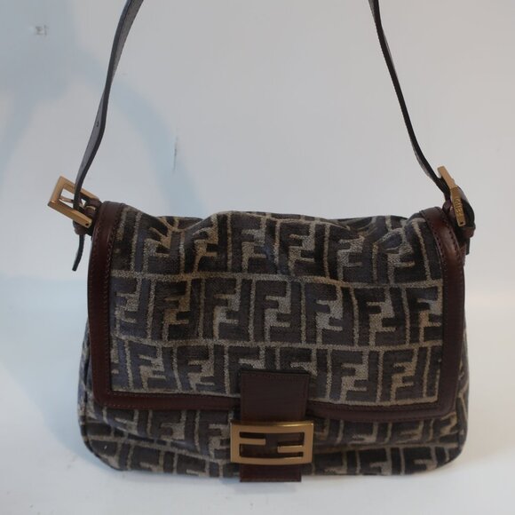 Womens Fendi Zucca Mini Mama Baguette Velour Velvet Leather Shoulder Handbag - Picture 3 of 16